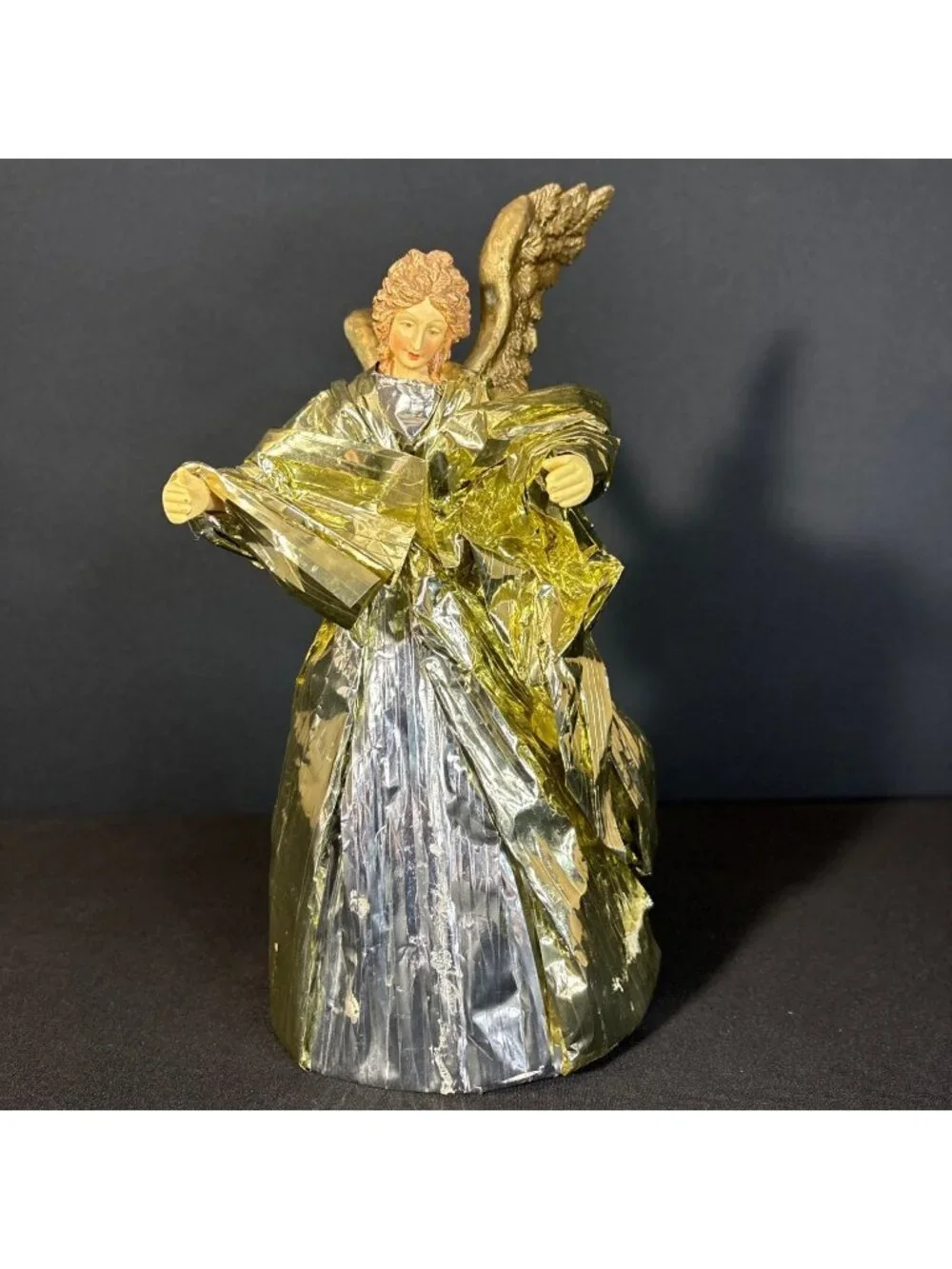 Victorian Angel Figurine Gold & Silver Foil Robe Intricate Wing Tree Topper